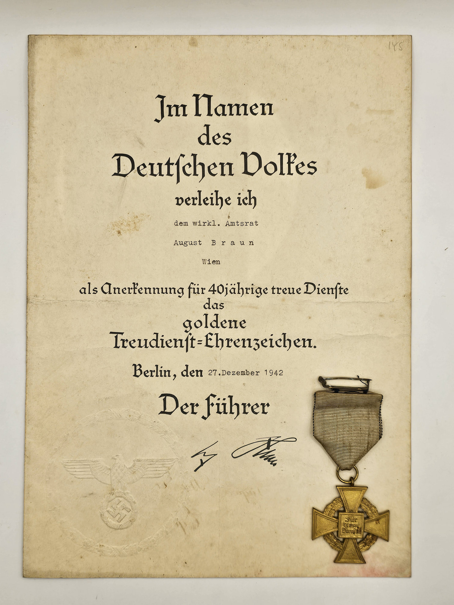 german golden faithful service cross with award document german golden faithful service cross with award document