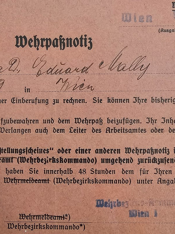 wehrpaßnotiz – vienna military service notification (1942) wehrpaßnotiz – vienna military service notification (1942)