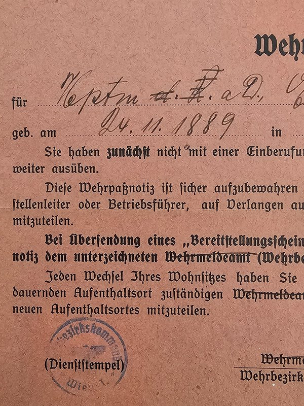 wehrpaßnotiz – vienna military service notification (1942) wehrpaßnotiz – vienna military service notification (1942)