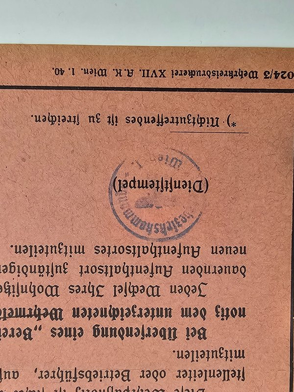 wehrpaßnotiz – vienna military service notification (1942) wehrpaßnotiz – vienna military service notification (1942)